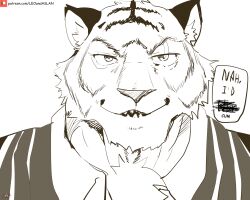 Rule 34 | 1boy, absurdres, animal ears, bara, comic panel redraw, derivative work, english text, fortnite, furry, furry male, greyscale, highres, jujutsu kaisen, leoandaslan (leobongnana), looking at viewer, male focus, mature male, meme, monochrome, muscular, muscular male, nah i&#039;d win (meme), open mouth, oscar (fortnite), portrait, promotional art, scribble, sketch, smile, smug, solo, speech bubble, thick eyebrows, thick neck, tiger boy, tiger ears, white background