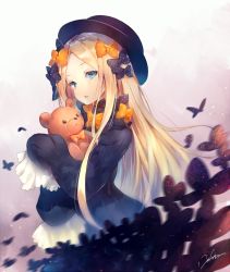 Rule 34 | 1girl, abigail williams (fate), black bow, black dress, black hat, blonde hair, blue eyes, bow, bug, butterfly, commentary request, deecha, dress, fate/grand order, fate (series), forehead, hair bow, hat, hugging object, insect, long hair, long sleeves, looking away, orange bow, parted bangs, parted lips, polka dot, polka dot bow, signature, sleeves past wrists, solo, stuffed animal, stuffed toy, teddy bear, very long hair