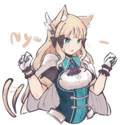 Rule 34 | 1girl, absurdres, animal ear fluff, animal ears, blonde hair, blue eyes, breasts, capelet, cat ears, cat tail, cloak, elf, highres, keinesandayoooo, pointy ears, princess connect!, saren (princess connect!), simple background, solo, tail, white background