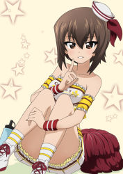 Rule 34 | 1girl, alternate costume, bare shoulders, blush, bottle, breasts, brown eyes, brown hair, cheerleader, coco&#039;s, collarbone, detached sleeves, finger to face, girls und panzer, grin, hair between eyes, hat, kanau, looking at viewer, medium breasts, mini hat, nishizumi maho, pom pom (cheerleading), short hair, sitting, smile, socks, solo, strapless, tube top, wristband