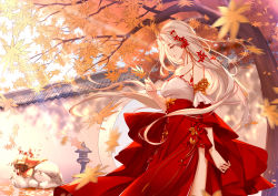 Rule 34 | 1girl, animal, arm at side, autumn leaves, bad id, bad pixiv id, bare shoulders, blurry, blurry foreground, breasts, cleavage, clouble, collarbone, day, depth of field, flower, hair flower, hair ornament, hand up, high-waist skirt, highres, holding, holding leaf, leaf, light brown hair, long hair, long sleeves, looking away, looking down, medium breasts, original, outdoors, profile, red flower, red skirt, skirt, solo, standing, strapless, sunlight, tree, very long hair, wall
