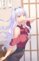 Rule 34 | 1girl, absurdres, bare shoulders, black hairband, black skirt, breasts, covering own mouth, grey hair, hairband, high-waist skirt, highres, idolmaster, indoors, long hair, looking at viewer, medium breasts, narrow waist, off-shoulder shirt, off shoulder, pencil skirt, red eyes, red shirt, shijou takane, shirt, skimun, skirt, sliding doors, solo, taut clothes, taut shirt, very long hair