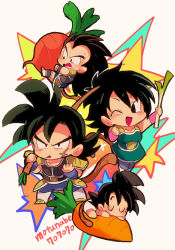 Rule 34 | 1girl, 3boys, ;d, armor, baby, bardock, beige background, black eyes, black hair, brothers, burdock root, carrot, carrying, chibi, closed eyes, d:, diaper, dragon ball, dragon ball super, dragon ball super broly, family, father and son, food, frown, gine, happy, highres, holding, looking at viewer, mother and son, motunabe707070, multiple boys, name connection, nervous, object namesake, one eye closed, open mouth, radish, raditz, scar, serious, siblings, simple background, sleeping, smile, son goku, spiked hair, spring onion, star (symbol), sweatdrop, twitter username, vegetable, wavy mouth, wristband