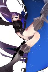 Rule 34 | 10s, 1girl, :d, armor, ass, bad id, bad pixiv id, blue eyes, crotch plate, fate/extra, fate/extra ccc, fate (series), greaves, highres, long hair, looking at viewer, meltryllis (fate), navel, open mouth, purple hair, revealing clothes, shimomoto, simple background, smile, solo, teeth, white background