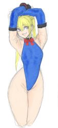 Rule 34 | 1girl, armpits, arms up, artist request, blonde hair, blue eyes, breasts, dead or alive, dead or alive 5, grey eyes, grin, highres, leotard, marie rose, small breasts, smile, solo, tecmo, thick thighs, thighs, traditional media, twintails, wide hips