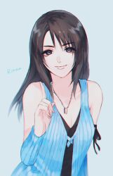 Rule 34 | 1girl, ah yoshimizu, arm ribbon, black ribbon, black shirt, bright pupils, brown hair, character name, coat, commentary request, detached sleeves, final fantasy, final fantasy viii, grey background, grey eyes, hand up, happy, highres, jewelry, leaning forward, long hair, looking at viewer, multicolored hair, necklace, pointing, pointing up, ribbon, ring, ring necklace, rinoa heartilly, shirt, sleeveless, sleeveless coat, sleeveless duster, sleeveless shirt, smile, solo, streaked hair, upper body, v-neck