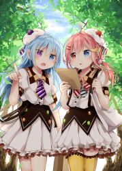 Rule 34 | 2girls, absurdres, bag, blue eyes, blue hair, blue sky, blush, center frills, cloud, cloudy sky, collared shirt, day, dress shirt, frilled skirt, frilled thighhighs, frills, heterochromia, highres, holding strap, long hair, low twintails, multiple girls, open mouth, original, outdoors, paper bag, pink hair, pleated skirt, pointing, purple eyes, satou saya, shirt, skirt, sky, thighhighs, tree, twintails, very long hair, white shirt, white skirt, yellow thighhighs