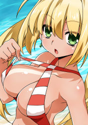 Rule 34 | 1girl, :o, ahoge, akou roushi, bare shoulders, beach, bikini, blonde hair, blush, breasts, commentary request, day, earrings, fate/grand order, fate (series), green eyes, halterneck, jewelry, large breasts, long hair, looking at viewer, nero claudius (fate), nero claudius (fate) (all), nero claudius (swimsuit caster) (fate), outdoors, solo, striped bikini, striped clothes, swimsuit, tan, tanline, twintails, upper body, water