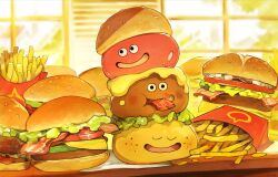Rule 34 | bacon, blurry, blurry background, bread bun, burger, character request, cheese, closed eyes, commentary request, dragon quest, dragon quest monsters, dragon quest monsters 3, eating, food, food in mouth, food on face, food on head, freckles, french fries, highres, indoors, lettuce, linne (hld doreko), no humans, object on head, open mouth, slime (creature), slime (dragon quest), smile, stack, table, tomato, tomato slice, u u, window