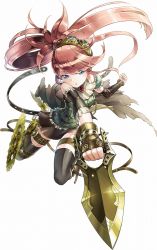 Rule 34 | 1girl, blue eyes, clenched hand, detached sleeves, floating hair, full body, gears, goggles, goggles on head, holding, holding weapon, long hair, official art, outstretched arm, paracelsus (guilty gear), phantom of the kill, ponytail, simple background, skirt, solo, thighhighs, weapon, white background