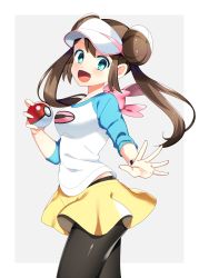 Rule 34 | 1girl, :d, absurdres, bad id, bad pixiv id, black pantyhose, blue eyes, blue sleeves, blush, bow, bracelet, breasts, brown hair, cowboy shot, creatures (company), double bun, floating hair, game freak, hair bun, highres, holding, holding poke ball, jewelry, long hair, long sleeves, looking at viewer, medium breasts, miniskirt, nintendo, open mouth, outstretched hand, pantyhose, pink bow, poke ball, poke ball print, pokemon, pokemon bw2, print shirt, rosa (pokemon), shiny clothes, shiny legwear, shirt, skirt, smile, solo, standing, twintails, visor cap, white shirt, yellow skirt, yuihico