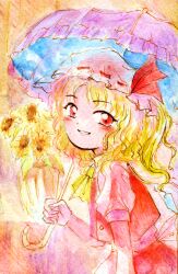 Rule 34 | 1girl, ascot, blonde hair, commentary request, flandre scarlet, flower, hat, hat ribbon, holding, holding umbrella, long hair, medinki, mob cap, official style, painting (medium), parasol, plant, potted plant, puffy short sleeves, puffy sleeves, purple umbrella, red eyes, red ribbon, red skirt, red vest, ribbon, short sleeves, side ponytail, skirt, skirt set, solo, sunflower, touhou, traditional media, umbrella, vest, watercolor (medium), white hat, yellow ascot, yellow flower, zun (style)