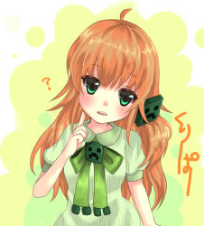Rule 34 | 1girl, ?, ahoge, ascot, brown hair, character name, creeper, finger to own chin, green eyes, hair ornament, head tilt, hiyori (kk12ary), long hair, minecraft, open mouth, personification, ribbon, solo