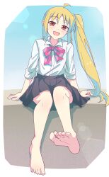 Rule 34 | 1girl, :d, ahoge, barefoot, black skirt, blonde hair, blush, bocchi the rock!, bow, braid, collared shirt, dress shirt, e20, feet, highres, ijichi nijika, long hair, long sleeves, looking at viewer, open mouth, parted bangs, pleated skirt, polka dot, polka dot bow, red bow, red eyes, school uniform, shirt, side ponytail, sitting, skirt, smile, soles, solo, very long hair, white shirt