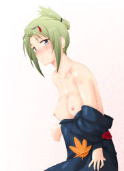 Rule 34 | 1girl, blush, breasts, breasts out, earrings, folded ponytail, gintama, green hair, jewelry, kesuida, nipples, short hair, simple background, solo, topless, tsukuyo, tsukuyo (gintama), white background
