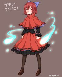 Rule 34 | 1girl, alternate costume, bad id, bad twitter id, black pantyhose, bow, cape, egret, frilled skirt, frills, full body, hair bow, high collar, highres, long sleeves, nukekubi, pantyhose, petticoat, red cape, red eyes, red hair, red skirt, sekibanki, shoes, short hair, simple background, skirt, solo, thighhighs, touhou