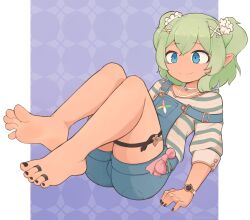 Rule 34 | 1girl, barefoot, black nails, blue eyes, elf, feet, fingernails, flower, green hair, hair flower, hair ornament, highres, indie virtual youtuber, jewelry, nail polish, pointy ears, renee tala, shirt, simple background, softhanten, soles, striped clothes, striped shirt, thighlet, toe ring, toenail polish, toenails, toes, virtual youtuber, watch, wristwatch