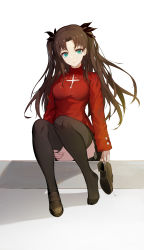 Rule 34 | 1girl, absurdres, black skirt, black thighhighs, border, breasts, er san si, fate/stay night, fate (series), green eyes, highres, long hair, long sleeves, medium breasts, red sweater, sitting, skirt, solo, sweater, thighhighs, tohsaka rin, turtleneck, twintails, zettai ryouiki