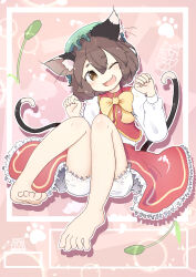 Rule 34 | 1girl, ;d, absurdres, animal ear fluff, animal ears, bare legs, barefoot, bloomers, bow, bowtie, brown eyes, brown hair, cat ears, cat tail, chen, commentary request, double-parted bangs, fang, full body, gakubutiudonn449, gold trim, hair between eyes, hands up, happy, hat, head tilt, highres, knees together feet apart, knees up, leaf, light blush, long sleeves, looking at viewer, mob cap, multiple tails, nekomata, one eye closed, open mouth, paw pose, petticoat, pink background, puffy long sleeves, puffy sleeves, red skirt, red vest, short hair, simple background, sitting, skin fang, skirt, skirt set, smile, solo, tail, toes, touhou, two tails, underwear, vest, yellow bow, yellow bowtie