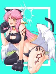 Rule 34 | 1girl, 2019, :3, angel wings, animal ears, animal hands, aqua background, artist name, bell, black bra, black panties, bra, breasts, cat cutout, cat ear panties, cat ears, cat girl, cat lingerie, cat paws, cat tail, cleavage cutout, clothing cutout, collar, commentary, commission, spiked halo, cross, english commentary, fake animal ears, fake tail, fang, feathered wings, gloves, gradient hair, halo, highres, jibril (no game no life), large breasts, lingerie, long hair, looking at viewer, low wings, magic circle, meme attire, multicolored hair, neck bell, no game no life, open mouth, panties, paw gloves, paw pose, pink hair, side-tie panties, single thighhigh, smile, solo, symbol-shaped pupils, tail, tattoo, thighhighs, underwear, underwear only, very long hair, white wings, wing ears, wings, yellow eyes, zexen
