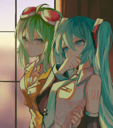 Rule 34 | 2girls, absurdres, ahoge, amulet, aqua eyes, aqua hair, aqua nails, aqua necktie, arm around back, bare shoulders, black sleeves, commentary, crop top, curtains, detached sleeves, goggles, goggles on head, gomiyama, green eyes, green hair, grey shirt, gumi, hair ornament, hand on another&#039;s back, hand to own mouth, hatsune miku, highres, long hair, looking at another, multiple girls, nail polish, necktie, orange shirt, red goggles, shirt, shoulder tattoo, sidelighting, sleeveless, sleeveless shirt, smile, tattoo, twintails, upper body, very long hair, vocaloid, window, yellow shirt, yuri