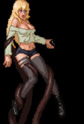 Rule 34 | 1girl, animated, animated gif, black thighhighs, blonde hair, blue eyes, bouncing breasts, breasts, breasts out, gun, imminent penetration, large breasts, lowres, medium hair, parasite in city, pixel art, restrained, short shorts, shorts, solo focus, spread legs, suspension, tagme, tentacles, thighhighs, transparent background, weapon