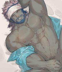 Rule 34 | 1boy, abs, aqua shirt, arm behind head, armpits, warrior of light (ff14), bara, bare pectorals, beard, blue hair, bottomless, colored skin, covering privates, covering crotch, facial hair, final fantasy, final fantasy xiv, green skin, headband, highres, large pectorals, looking at viewer, lying, male focus, male pubic hair, mature male, medium hair, muscular, muscular male, navel, nipples, on back, open clothes, open shirt, pectorals, pink hair, pubic hair, roegadyn, seductive smile, shirt, smile, solo, spread legs, stomach, thick thighs, thighs, uori, white headband