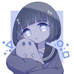 Rule 34 | 1girl, :t, black cardigan, black hair, bob cut, border, cardigan, cheek press, circle, commentary request, cross, crossed arms, ghost, hair ornament, head tilt, highres, holding ghost, blue background, long sleeves, looking at viewer, no nose, omochi noa, original, portrait, school uniform, serafuku, simple background, solid oval eyes, solo, square, symbol-shaped pupils, triangle, uniform, white border, x-shaped pupils, x hair ornament