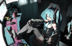 Rule 34 | 1girl, 39, absurdres, aqua eyes, aqua hair, aqua nails, aqua necktie, arm rest, bare shoulders, black skirt, black sleeves, black thighhighs, breasts, can, chair, collared shirt, commentary, controller, crossed legs, curtains, detached sleeves, energy drink, eyelashes, feet, feet on table, feet up, full body, gaming chair, grey shirt, hair between eyes, hand on own knee, hatsune miku, headphones, highres, holding, holding controller, indoors, jiu ye sang, keyboard (computer), knees up, leaning back, legs, long hair, miniskirt, monitor, mouse (computer), nail polish, necktie, no shoes, open mouth, shadow, shirt, sidelocks, sitting, skirt, sleeveless, sleeveless shirt, small breasts, soles, solo, swivel chair, teeth, thighhighs, thighs, toes, vocaloid