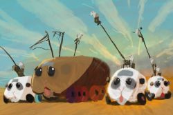 Rule 34 | :3, artist request, desert, guinea pig, highres, mad max, mad max: fury road, molcar, open mouth, parody, pui pui molcar, sand, simple background, sky, what