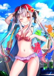 Rule 34 | 1girl, bag, baseball cap, beach, bikini, blush, bottle, breasts, cloud, cloudy sky, colored tips, commentary request, cowboy shot, day, floral print, flower, food, fruit, gluteal fold, grey hair, grin, hair flower, hair ornament, hand on own head, haruhitooo, hat, highres, hololive, horns, innertube, long hair, medium breasts, multicolored hair, nakiri ayame, navel, one eye closed, outdoors, polka dot, polka dot bikini, red bikini, red eyes, red hair, shoulder bag, skin-covered horns, sky, smile, solo, streaked hair, swim ring, swimsuit, transparent, twintails, virtual youtuber, water bottle, watermelon