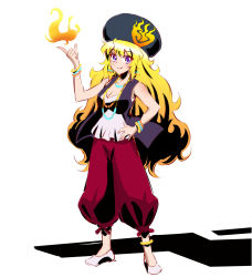 Rule 34 | 1girl, arabian clothes, blonde hair, bracelet, cosplay, divine gate, earrings, fire, full body, highres, iesupa, ifrit (divine gate), jewelry, koshimizu ami, purple eyes, rwby, voice actor connection, solo, turban, yang xiao long
