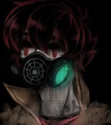 Rule 34 | .flow, 1boy, artist request, empty eyes, gas mask, highres, male focus, mask, red hair, smile (.flow), solo, tattoo, upper body