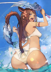 Rule 34 | 1girl, animal ears, arm strap, arm tattoo, ass, warrior of light (ff14), bikini, blue eyes, breasts, brown hair, cat ears, cat tail, day, facial mark, final fantasy, final fantasy xiv, fish, fishing, fishing rod, flower, from behind, hair flower, hair ornament, hide (hideout), highres, long hair, looking at viewer, looking back, miqo&#039;te, open mouth, outdoors, slit pupils, small breasts, solo, swimsuit, tail, tattoo, water, whisker markings, white bikini