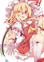 Rule 34 | 1girl, ascot, blonde hair, dress, flandre scarlet, gloves, hat, hat ribbon, highres, kan lee, looking at viewer, mob cap, one eye closed, open mouth, puffy short sleeves, puffy sleeves, red dress, red eyes, ribbon, shirt, short sleeves, smile, solo, touhou, white gloves, wings