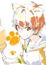 Rule 34 | animal ears, cat ears, commentary request, fate/grand order, fate/stay night, fate (series), fujimura taiga, hair between eyes, holding, holding staff, hood, hood down, hoodie, jaguarman (fate), long sleeves, looking at viewer, male focus, orange hair, paw print, paw stick, red eyes, short hair, sketch, sleeves rolled up, smile, solo, staff, torichamaru