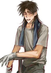 Rule 34 | 1boy, black hair, chinese commentary, commentary request, cowboy shot, facial scar, gloves, grey gloves, grey shirt, highres, itou kaiji, kaiji, long hair, looking at viewer, male focus, medium bangs, open mouth, pointy nose, scar, scar on cheek, scar on face, shirt, shovel, simple background, solo, standing, sweat, t-shirt, teeth, towel, towel around neck, white background, xiao (sb614pqeoydrvgh)