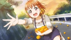 Rule 34 | 1girl, artist name, artist request, bare legs, basket, blue pants, blue shorts, blush, bow, braid, breasts, cloud, clover hair ornament, collarbone, day, female focus, food, fruit, grey footwear, grey shirt, hair ornament, holding, holding orange, looking at viewer, love live!, love live! school idol festival, love live! school idol festival all stars, love live! sunshine!!, mountain, orange (fruit), orange hair, orange sky, outdoors, pants, parted lips, puffy short sleeves, puffy sleeves, reaching, reaching towards viewer, red eyes, road, shirt, shoes, short hair, short sleeves, shorts, side braid, single braid, sky, small breasts, smile, sneakers, socks, solo, street, sunset, takami chika, tree, white footwear, yellow bow