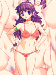 Rule 34 | 1girl, armlet, ass, bikini, breasts, character sheet, cleft of venus, close-up, collarbone, female focus, female pubic hair, groin, highres, hip focus, medium breasts, miyama amehiko, navel, nipples, nude, princess athena, pubic hair, puffy nipples, purple hair, pussy, red bikini, see-through, solo, standing, swimsuit, thigh gap, thighs, uncensored, wristband