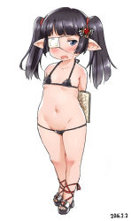 Rule 34 | 10s, 1girl, arms behind back, bikini, black hair, blue eyes, blunt bangs, blush, dated, eyepatch, flat chest, granblue fantasy, groin, harvin, long hair, looking at viewer, lunalu (granblue fantasy), micro bikini, navel, no breasts, open mouth, petite, pointy ears, simple background, solo, sweatdrop, swimsuit, twintails, white background, zanzi