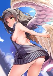 Rule 34 | 10s, 1girl, ass, backless dress, backless outfit, bare back, bare shoulders, blue sky, blunt bangs, blush, breasts, butt crack, closed mouth, cloud, day, dress, dutch angle, feathered wings, feathers, glowing, grey hair, hair rings, half updo, halterneck, highres, long hair, looking at viewer, love live!, love live! school idol project, medium breasts, meme attire, minami kotori, naked sweater, outdoors, ribbed sweater, shipii (jigglypuff), sideboob, sky, smile, solo, sweater, sweater dress, thighs, turtleneck, turtleneck sweater, virgin killer sweater, wings