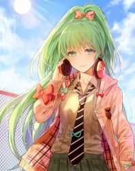 Rule 34 | 1girl, alternate hair color, alternate hairstyle, black necktie, black skirt, blue sky, bow, brown shirt, chain-link fence, cloud, cloudy sky, collared shirt, day, fence, green bow, green eyes, green hair, hair bow, hand in pocket, hatsune miku, headphones, headphones around neck, highres, hood, hood down, hoodie, jacket, kim eb, light rays, long hair, matching hair/eyes, necktie, pink bow, plaid, pleated skirt, pocket, red bow, shirt, skirt, sky, smile, solo, striped necktie, striped neckwear, sun, sunlight, sweater, vocaloid