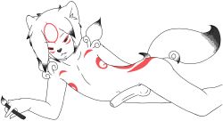 Rule 34 | 1boy, animal ears, capcom, chibiterasu, erection, furry, furry male, highres, lying, male focus, markings, monochrome, navel, nude, ookami (game), ookamiden, paintbrush, penis, personification, simple background, solo, spot color, tail, tattoo, testicles, white background, wolf