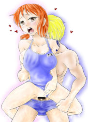 Rule 34 | blonde hair, breasts, censored, girl on top, heart, hetero, large breasts, nami (one piece), one piece, orange hair, reverse cowgirl position, sanji (one piece), sex, sex from behind, short hair, sitting, sitting on lap, sitting on person, straddling, swimsuit, tattoo, third stage, vaginal
