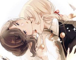 Rule 34 | 2girls, black jacket, blonde hair, brown hair, choker, closed eyes, collared shirt, commentary, dress, hair ribbon, hand on another&#039;s shoulder, jacket, kiss, kissing neck, licking another&#039;s neck, long hair, multiple girls, nijiko (c2cs4q), open mouth, purple eyes, red ribbon, ribbon, saijou claudine, shirt, shoujo kageki revue starlight, simple background, teeth, tendou maya, tongue, tongue out, twitter username, upper body, upper teeth only, white background, white choker, white dress, white shirt, yuri