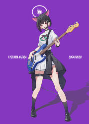 Rule 34 | 1girl, animal ears, bass guitar, black choker, black footwear, black jacket, black mask, black socks, blonde hair, blue archive, blush, cat ears, character name, choker, clothes around waist, colored inner hair, electric guitar, extra ears, fender jazz bass, guitar, halo, highres, holding, holding instrument, instrument, jacket, jacket around waist, kazusa (band) (blue archive), kazusa (blue archive), mask, mask pull, mouth mask, multicolored hair, music, official alternate costume, open mouth, pink hair, pink halo, playing instrument, pleated skirt, purple background, ranyu, red eyes, revision, shirt, shoes, short hair, short sleeves, simple background, skirt, smile, socks, solo, thigh strap, white shirt, white skirt