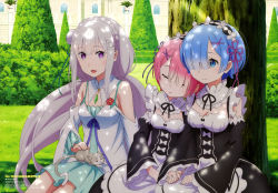 Rule 34 | 10s, 3girls, :d, absurdres, apron, bare shoulders, black ribbon, blue eyes, blue hair, blue ribbon, blunt bangs, blush, bow, breasts, brushing hair, cat, chair, cleaned, cleavage, cleavage cutout, closed eyes, closed mouth, clothing cutout, cup, detached sleeves, elf, emilia (re:zero), flower, frills, gem, green gemstone, hair brush, hair flower, hair ornament, hair over one eye, hair ribbon, hairband, head tilt, highres, holding, holding hands, holding own hair, indoors, leaning on person, leaning to the side, legs together, light smile, long hair, long sleeves, looking at viewer, maid, maid headdress, multiple girls, official art, open mouth, pink hair, pointy ears, purple eyes, ram (re:zero), re:zero kara hajimeru isekai seikatsu, rem (re:zero), ribbon, scan, short hair, siblings, side-by-side, silver hair, sisters, sitting, skirt, sleeping, sleeping on person, small breasts, smile, tanaka kazuma, twins, white skirt, wide sleeves