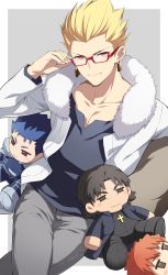 Rule 34 | 1boy, adjusting eyewear, blonde hair, blue shirt, character doll, closed mouth, cross, cu chulainn (fate), cu chulainn (fate/stay night), earrings, emiya shirou, fate/stay night, fate (series), fur trim, gilgamesh (fate), grey background, grey pants, hair slicked back, highres, jacket, jewelry, kotomine kirei, latin cross, crossed legs, lock, lock earrings, looking at viewer, male focus, natsuko (bluecandy), official alternate costume, open clothes, open jacket, pants, red-framed eyewear, red eyes, semi-rimless eyewear, shirt, simple background, smile, solo, under-rim eyewear, white jacket