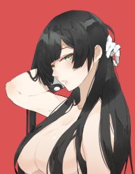 Rule 34 | 1girl, agano (kancolle), arm behind head, bare shoulders, black hair, breasts, cleavage, collarbone, commentary request, gloves, green eyes, hair censor, hair over shoulder, half-closed eyes, kantai collection, long hair, looking at viewer, neko (ganecooo), nude, parted lips, red background, simple background, solo, upper body, white gloves