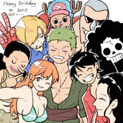 Rule 34 | 2girls, 6+boys, ^ ^, afro, antlers, bikini, black hair, blonde hair, blue shirt, brook (one piece), cigarette, closed eyes, collared shirt, commentary, curly eyebrows, cyborg, facial hair, franky (one piece), goatee, green hair, green kimono, hair over one eye, happy birthday, hat, horns, japanese clothes, kimono, koshikun, long hair, long nose, looking at another, looking at viewer, monkey d. luffy, multiple boys, multiple girls, nami (one piece), nico robin, one eye closed, one piece, orange hair, profile, reindeer antlers, roronoa zoro, sanji (one piece), sash, scar, scar on chest, scar on face, shirt, short hair, skeleton, smile, striped clothes, striped shirt, sunglasses, swimsuit, tony tony chopper, usopp, v-shaped eyebrows, vertical-striped clothes, vertical-striped shirt